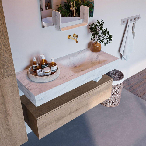 Mondiaz ALAN-DLUX Ensemble de meuble - 110cm - meuble Washed Oak mat - 1 tiroir - Lavabo Cloud Opalo suspendu - vasque Droite - 0 trous de robinet SW808661