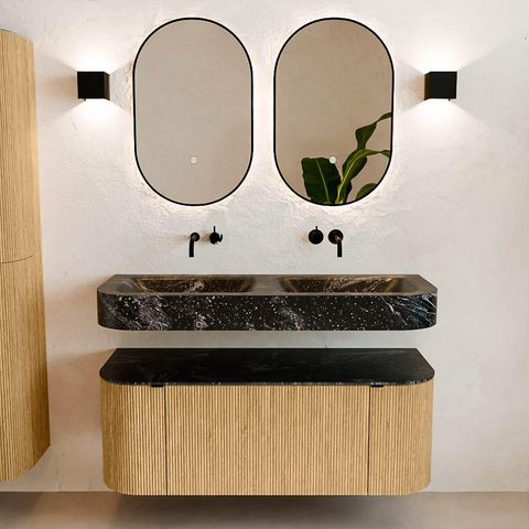 MONDIAZ THOR-DLUX 120cm badmeubel ronding links + rechts kleur Oak met 1 lade en 2 deuren. Vrijhangende wastafel CLOUD Dubbel zonder kraangat kleur Lava. SW1463140