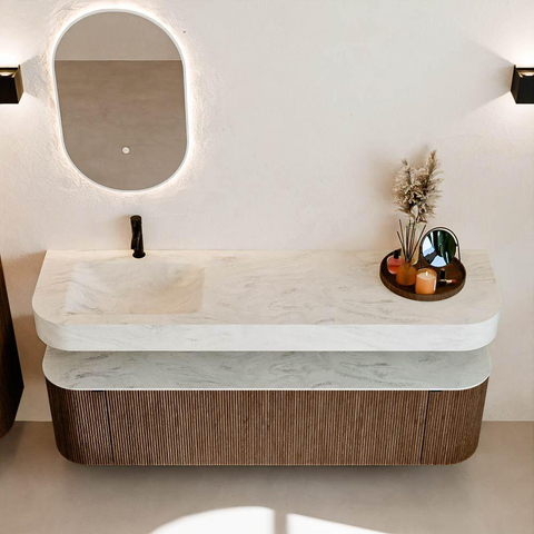 MONDIAZ THOR-DLUX 170cm badmeubel ronding links + rechts kleur Walnut met 1 lade en 2 deuren. Vrijhangende wastafel CLOUD Links 1 kraangat kleur Opalo. SW1465596