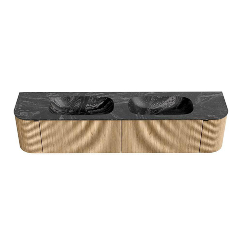 MONDIAZ KURVE-DLUX meuble de salle de bains 200cm avec module 25 Len R couleur Oak avec 2 tiroirs et 2 portes. Plan-vasque STOR SMALL double sans trou de robinet couleur Lava. SW1137191