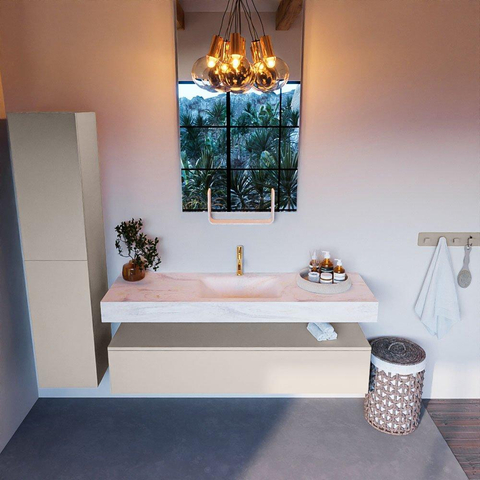 Mondiaz ALAN-DLUX Ensemble de meuble - 150cm - meuble Linen mat - 1 tiroir - Lavabo Cloud Ostra suspendu - vasque Centre - 1 trou de robinet SW807122