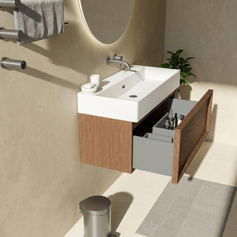 Saniclass Holz Frame Badkamermeubelset - 100x45x52cm - Legend keramische wastafel mat wit - 1 wasbak - zonder kraangat - 1 lade - mat walnut pure (hout) SW1579661