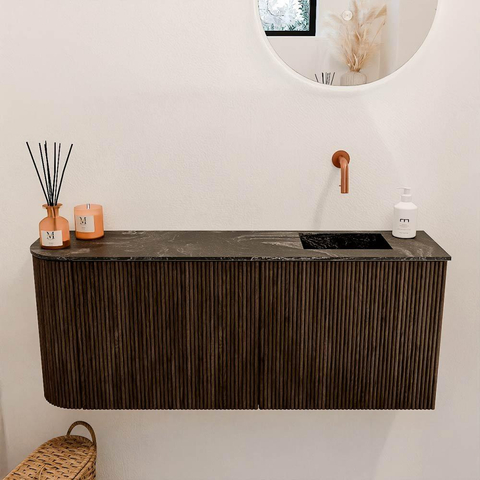 Mondiaz JOYA-DLUX 101.6cm meuble de salle de bains - arrondi gauche couleur Walnut - Vasque FAYE position Droite Sans trou de robinet couleur Lava. SW1422515
