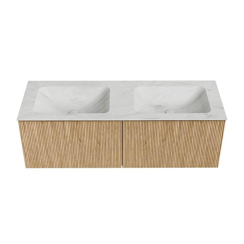 MONDIAZ KURVE-DLUX Meuble de salle de bains 130 cm couleur Oak avec 2 tiroirs. Lavabo LEAF double sans trou de robinet couleur Opalo. SW1137585