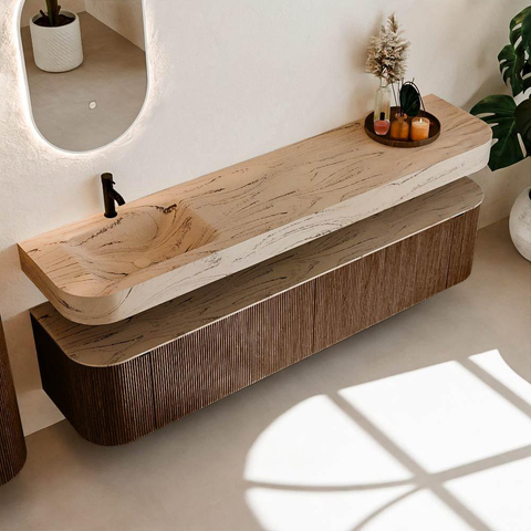 MONDIAZ THOR-DLUX 200cm meuble de salle de bains arrondi gauche + droite couleur Walnut avec 2 tiroirs et 2 portes. Vasque suspendue CLOUD gauche 1 trou de robinet couleur Arena. SW1467077
