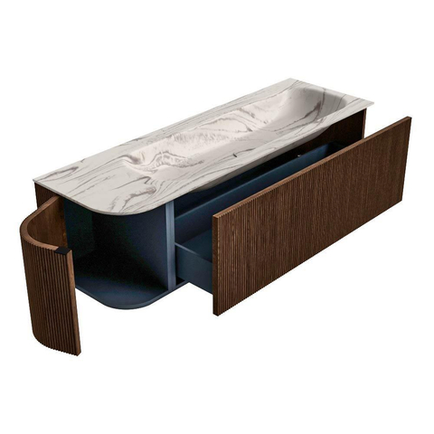 MONDIAZ KURVE-DLUX meuble de salle de bains 145cm arrondi à gauche couleur Walnut avec 1 tiroir et 1 porte. Lavabo BIG LARGE à droite sans trou de robinet Nata. SW1432204