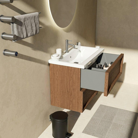 Saniclass Holz Frame Badkamermeubelset - 80x45x63.5cm - Bari keramische wastafel wit - 1 wasbak - 1 kraangat - 2 lades - mat walnut pure (hout) SW1579739