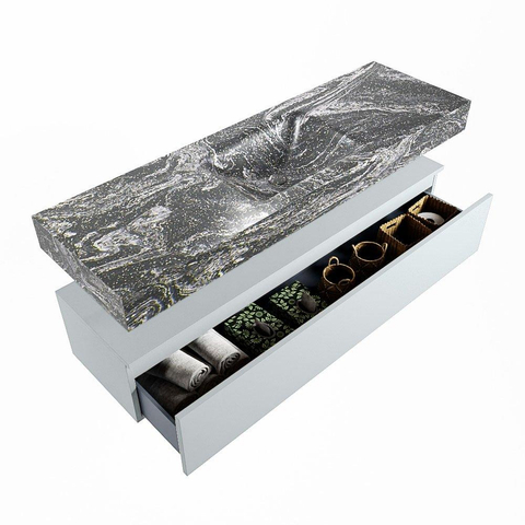 Mondiaz ALAN-DLUX Ensemble de meuble - 150cm - meuble Clay mat - 1 tiroir - Lavabo Cloud Lava suspendu - vasque Centre - 0 trous de robinet SW808565