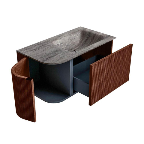 MONDIAZ KURVE-DLUX Meuble de salle de bains 85cm arrondi à gauche couleur Ruby avec 1 tiroir et 1 porte. Lavabo CLOUD à droite sans trou de robinet Oza. SW1432765