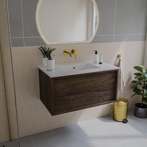 Saniclass Holz Frame Meuble de salle de bain - 80x45x40cm - lavabo en céramique blanc - 1 vasque - sans trous de robinet - 1 tiroirs - Charcoal SW1437762
