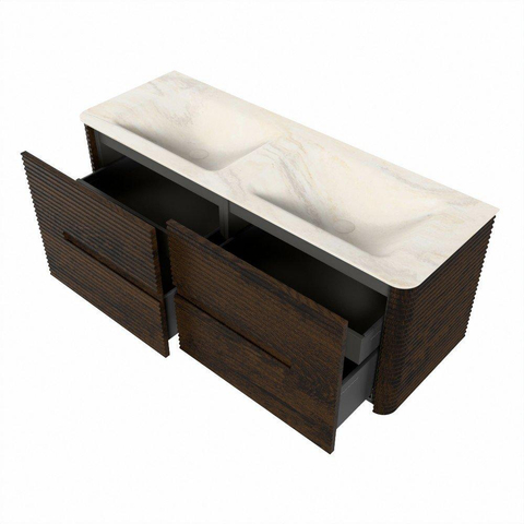 Mondiaz CIRO-DLUX Ensemble de meubles de salle de bains - 130x45x50cm - Vasque en solid surface Ostra - 2 lavabos double - sans trous de robinet - 4 tiroirs - Noyer SW1530410