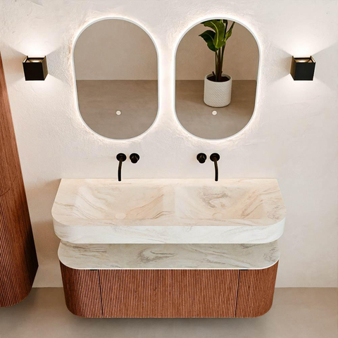 MONDIAZ THOR-DLUX 130cm meuble de salle de bains arrondi gauche + droite couleur Ruby avec 1 tiroir et 2 portes. Vasque suspendue CLOUD Double sans trou de robinet couleur Ostra. SW1463709