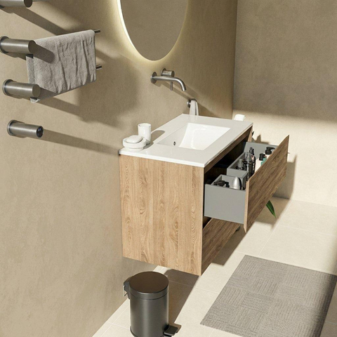Saniclass Holz Pure Badkamermeubelset - 80x45x62cm - Vygo keramische wastafel wit - 1 wasbak - zonder kraangat - 2 lades - mat eiken natural (hout) SW1439445