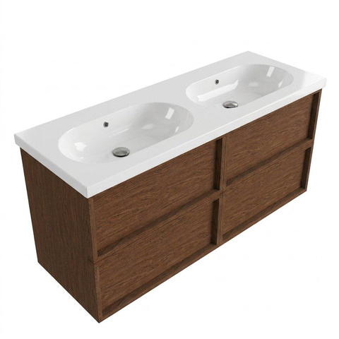 Saniclass Holz Frame Badkamermeubelset - 140x45x63.5cm - Palermo keramische wastafel wit - 2 wasbakken - zonder kraangaten - 4 lades - mat walnut pure (hout) SW1579711