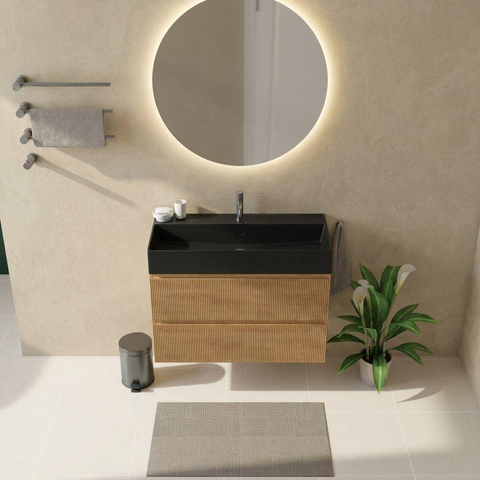 Saniclass Holz Atelier Badkamermeubelset - 100x45x72cm - Legend keramische wastafel mat zwart - 1 wasbak - 1 kraangat - 2 lades - mat eiken natural (hout) SW1579636