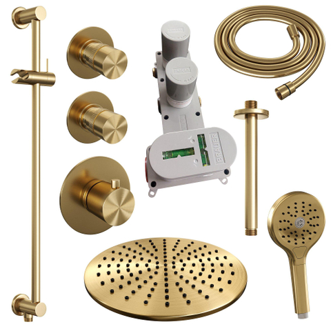 Brauer Gold Edition Ensemble de douche pluie encastré - douche principale 30cm - bras plafond 20cm - 3 boutons lisses - douchette ronde 3 positions - PVD - or brossé SW547657