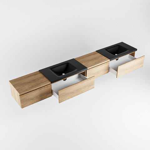 MONDIAZ BUKLA 280cm ensemble de meuble avec module 60 à droite couleur Chêne blanchi avec 4 tiroirs. Lavabo CLOUD double 2 trous de robinet couleur Urbaine. SW1382324