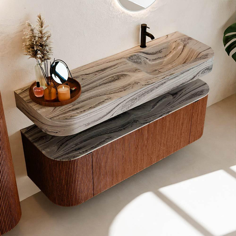 MONDIAZ THOR-DLUX 140cm meuble de salle de bains arrondi gauche + droite couleur Ruby avec 1 tiroir et 2 portes. Vasque suspendue CLOUD Droite 1 trou de robinet couleur Sombra. SW1464233