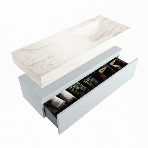 Mondiaz ALAN-DLUX Ensemble de meuble - 120cm - meuble Clay mat - 1 tiroir - Lavabo Cloud Ostra suspendu - vasque Droite - 1 trou de robinet SW807696