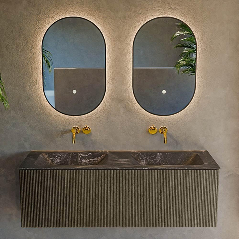 Mondiaz KURVE-DLUX Ensemble de meuble de salle de bains - 130x46x40cm - 2 tiroirs - vasque solid surface - double - sans trou de robinet - Shadow SW1414711