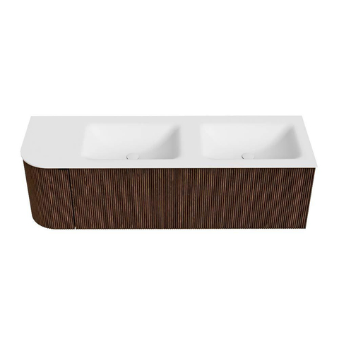 MONDIAZ KURVE Meuble de salle de bains 145cm avec module 25 L couleur Walnut avec 1 tiroir et 1 porte. Lavabo CLOUD double / droite 2 trous de robinet Talc. SW1138304