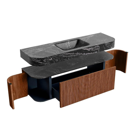 MONDIAZ THOR-DLUX 150cm badmeubel ronding links + rechts kleur Ruby met 1 lade en 2 deuren. Vrijhangende wastafel CLOUD Midden 1 kraangat kleur Lava. SW1464602