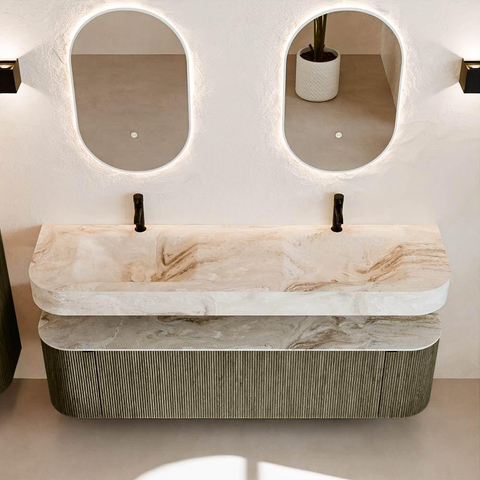 MONDIAZ THOR-DLUX 170cm meuble de salle de bains arrondi gauche + droite couleur Shadow avec 1 tiroir et 2 portes. Vasque suspendue CLOUD Double 2 trous de robinet couleur Frappe. SW1465518