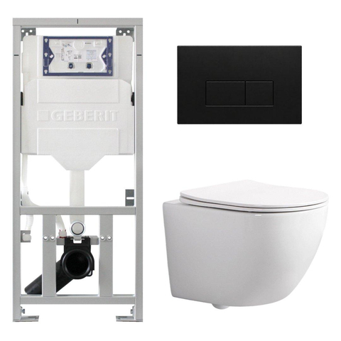 Pack WC QeramiQ Dely Swirl Compact - réservoir encastrable Geberit UP320 - avec bâti-support Burda - abattant slim - plaque de commande en métal noir mat - boutons rectangulaires - blanc brillant SW1592289