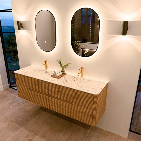 Mondiaz CIRO-DLUX Badkamermeubelset - 160x45x50cm - Solid surface wastafel Nata - 2 wasbak Dubbel - 2 kraangaten - 4 lades - Oak SW1531469