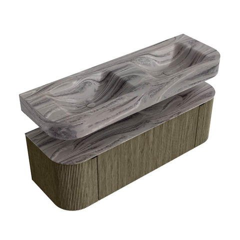 MONDIAZ THOR-DLUX 140cm meuble de salle de bains arrondi gauche + droite couleur Shadow avec 1 tiroir et 2 portes. Vasque suspendue CLOUD Double 2 trous de robinet couleur Sombra. SW1464241