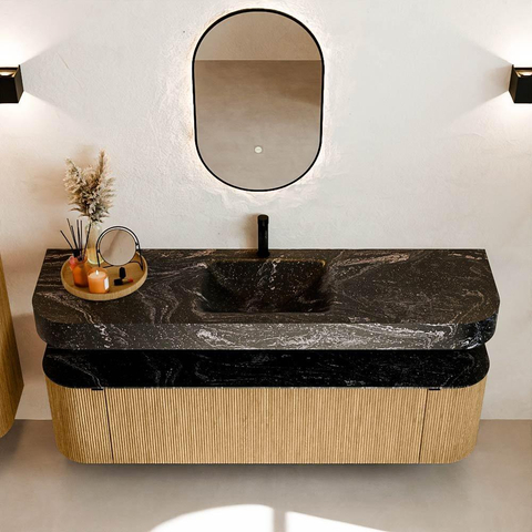 MONDIAZ THOR-DLUX 170cm meuble de salle de bains arrondi gauche + droite couleur Oak avec 1 tiroir et 2 portes. Vasque suspendue CLOUD Milieu 1 trou de robinet couleur Lava. SW1465428
