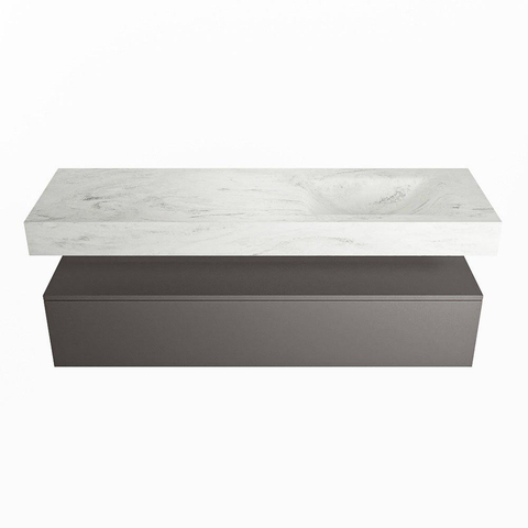 Mondiaz ALAN-DLUX Ensemble de meuble - 150cm - meuble Dark grey mat - 1 tiroir - Lavabo Cloud Opalo suspendu - vasque Droite - 0 trous de robinet SW806271