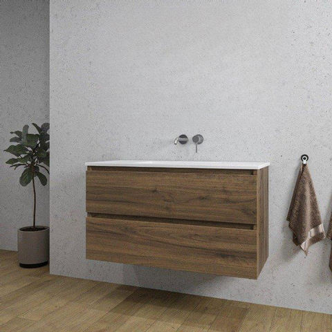 Saniclass Chaci Meuble de salle de bain - 100x45x55cm - lavabo en céramique brillant blanc - 1 vasque - sans trou de robinet - 2 tiroirs - noyer SW809375