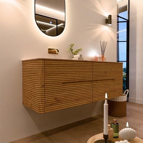 Mondiaz CIRO-DLUX Ensemble de meubles de salle de bains - 140x45x50cm - Plan-vasque en solid surface Saba - 1 lavabo à gauche - sans trous de robinet - 4 tiroirs - Chêne SW1531185