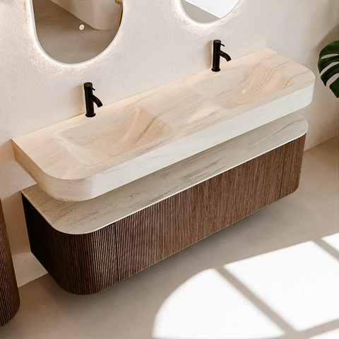 MONDIAZ THOR-DLUX 160cm meuble de salle de bains arrondi gauche + droite couleur Walnut avec 1 tiroir et 2 portes. Vasque suspendue CLOUD Double 2 trous de robinet couleur Meli. SW1465089