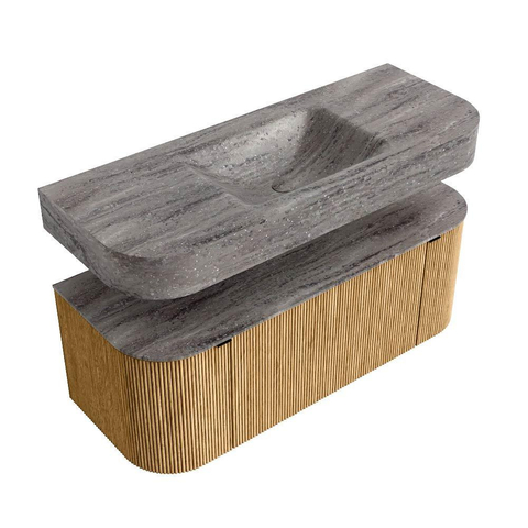 MONDIAZ THOR-DLUX 120cm meuble de salle de bains arrondi gauche + droite couleur Oak avec 1 tiroir et 2 portes. Vasque suspendue CLOUD Milieu 1 trou de robinet couleur Oza. SW1463396