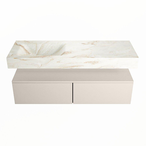 Mondiaz ALAN-DLUX Ensemble de meuble - 130cm - meuble Linen mat - 2 tiroirs - Lavabo Cloud Frappe suspendu - vasque Gauche - 0 trous de robinet SW804717