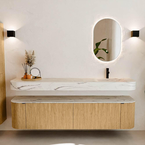 MONDIAZ THOR-DLUX 190cm meuble de salle de bains arrondi gauche + droite couleur Oak avec 2 tiroirs et 2 portes. Vasque suspendue CLOUD Droite 1 trou de robinet couleur Nata. SW1466759