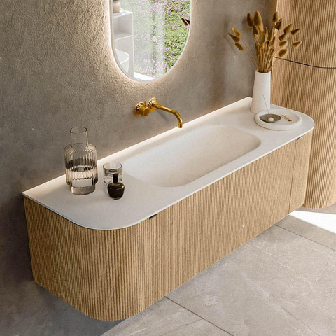 MONDIAZ KURVE Meuble de salle de bains 140cm avec module 25 Len R couleur Chêne avec 1 tiroir et 2 portes. Vasque BIG SMALL central sans trou de robinet Talc. SW1138164