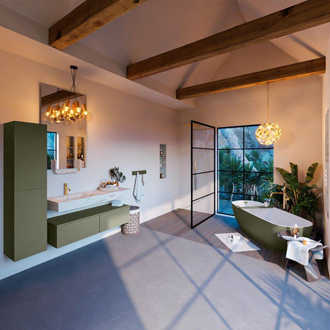 Mondiaz ALAN-DLUX Ensemble de meuble - 130cm - meuble Army mat - 2 tiroirs - Lavabo Cloud Frappe suspendu - vasque Gauche - 1 trou de robinet SW805732