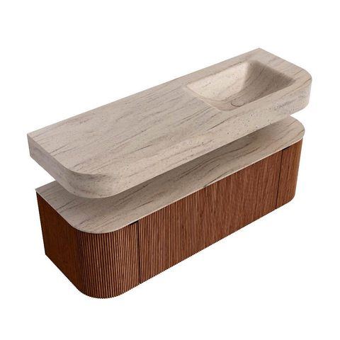 MONDIAZ THOR-DLUX 140cm meuble de salle de bains arrondi gauche + droite couleur Ruby avec 1 tiroir et 2 portes. Vasque suspendue CLOUD droite sans trou de robinet couleur Saba. SW1464320