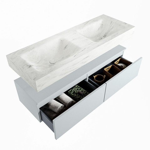 Mondiaz ALAN-DLUX Ensemble de meuble - 130cm - meuble Clay mat - 2 tiroirs - Lavabo Cloud Opalo suspendu - vasque Gauche et droite - 2 trous de robinet SW806710