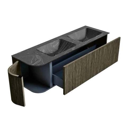 Mondiaz KURVE-DLUX Badkamermeubelset - 145x46x40cm - 1 lade - 1 deur - wastafel solid surface - dubbel / rechts - 2 kraangaten - Shadow SW1414707