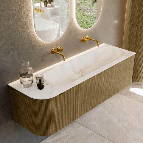 Mondiaz KURVE-DLUX Ensemble meuble de salle de bains - 145x46x40cm - 1 tiroir - 1 porte - vasque solid surface - droite - sans trou de robinet - Dusk SW1414923