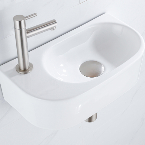 QeramiQ Fuente pack lave-mains – 40 x 21,5 x 12 cm – céramique blanc brillant – perçage à gauche – robinet inox brossé SW1232808