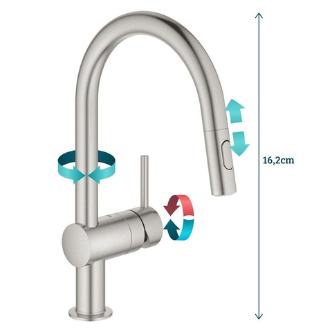 Grohe Minta Keukenkraan - hoog - draaibare/uittrekbare uitloop - 2 straalsoorten - Brushed Supersteel (RVS) SW225338