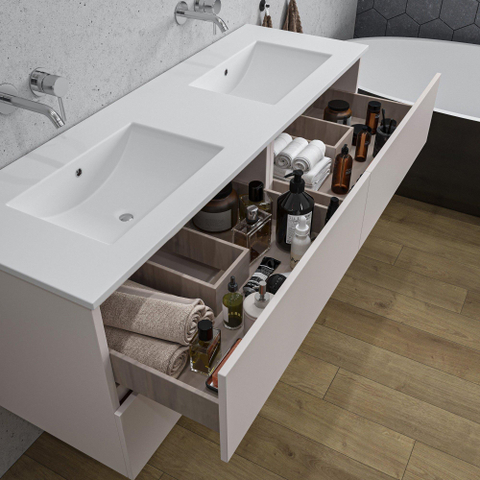Saniclass Chaci Meuble de salle de bain - 140x45x55cm - lavabo en céramique brillant blanc - 2 vasques - sans trou de robinet - 4 tiroirs - mat cotton SW1182427