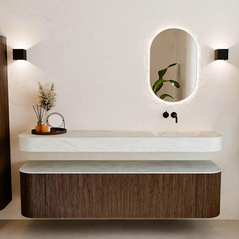 MONDIAZ THOR-DLUX 180cm meuble de salle de bains arrondi gauche + droite couleur Walnut avec 2 tiroirs et 2 portes. Vasque suspendue CLOUD droite sans trou de robinet couleur Opalo. SW1465962