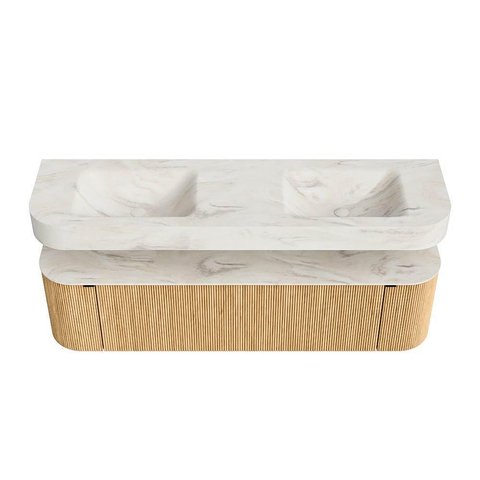 MONDIAZ THOR-DLUX 170cm badmeubel ronding links + rechts kleur Oak met 1 lade en 2 deuren. Vrijhangende wastafel CLOUD Dubbel zonder kraangat kleur Ostra. SW1465552