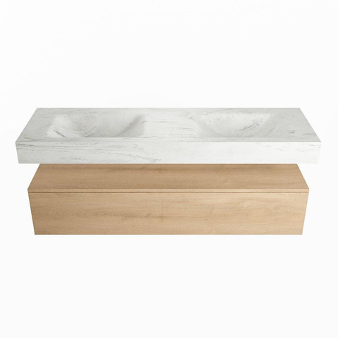 Mondiaz ALAN-DLUX Ensemble de meuble - 150cm - meuble Washed Oak mat - 1 tiroir - Lavabo Cloud Opalo suspendu - vasque Gauche et droite - 0 trous de robinet SW808977